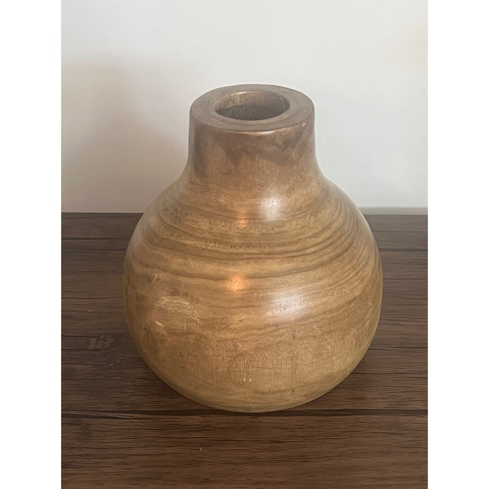Wooden Vase Natural Grain Handcrafted Rustic Boho Home Decor 8.5" Tall Round